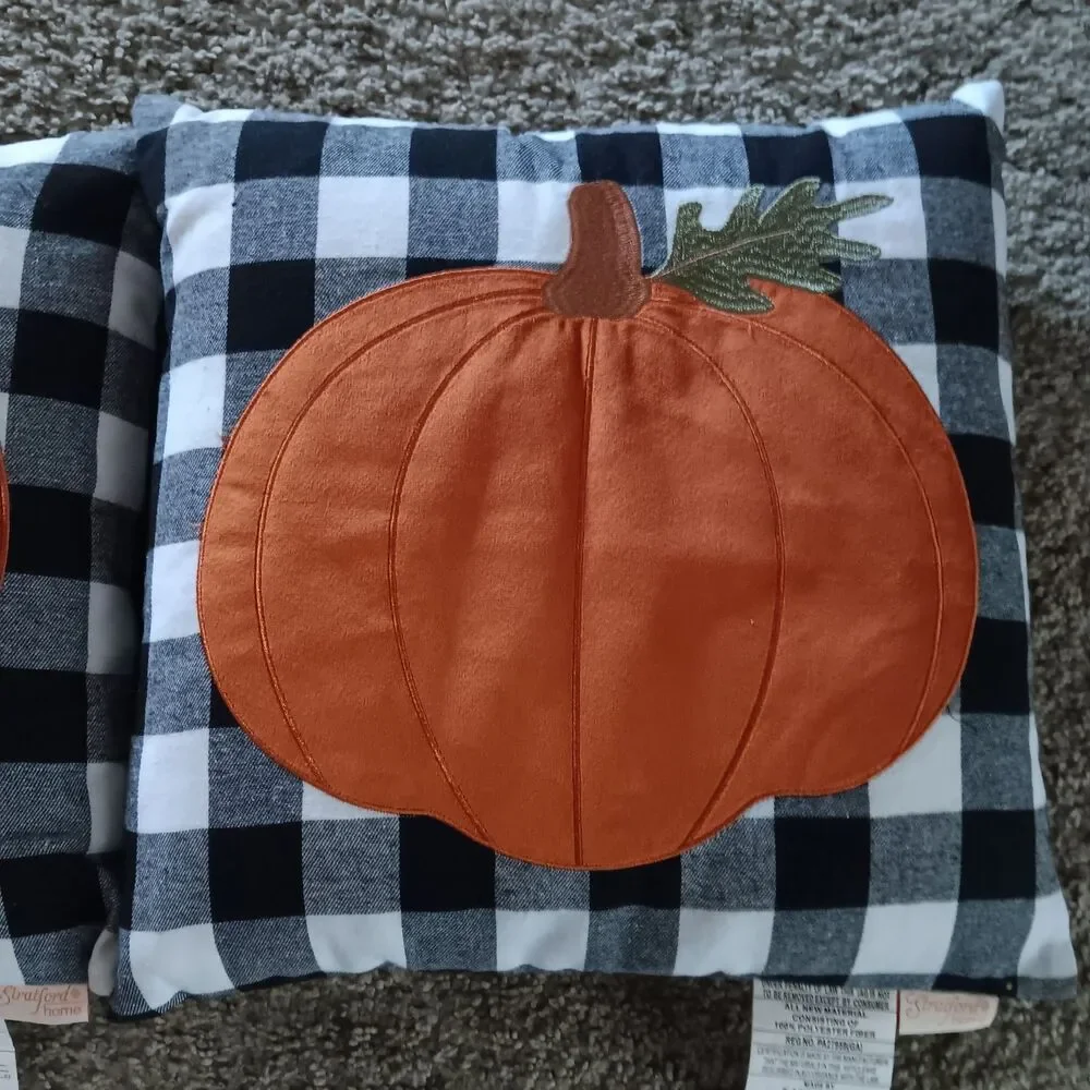 Stratford Home 2 Pumpkin Fall Throw Pillows Buffalo Plaid 18x18 Autumn Decor